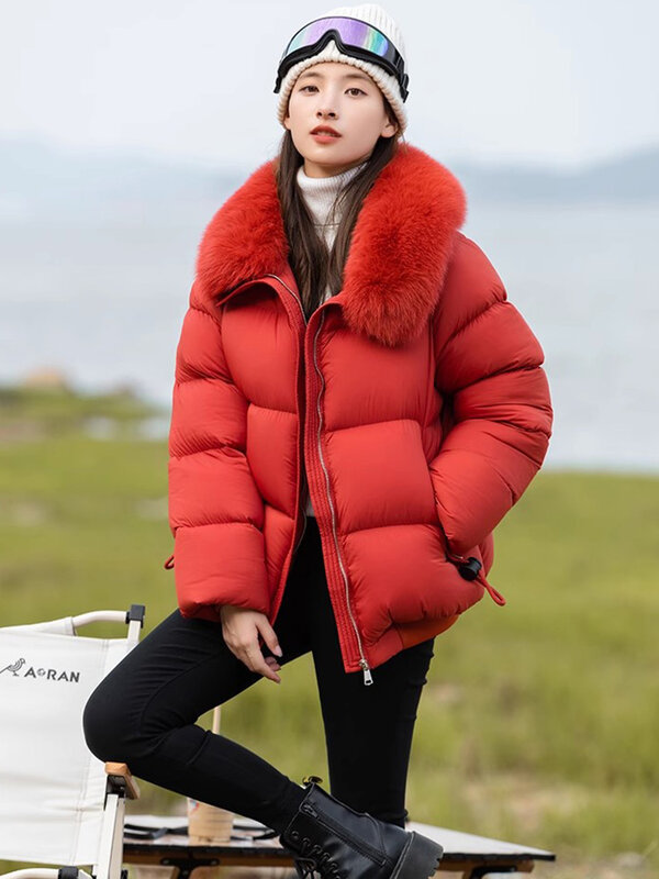 Nuevo Las mujeres de invierno grueso caliente chaqueta de plumas Moda suave real cuello de piel de zorro relleno de 95% de plumón de pato blanco suelto abrigo corto