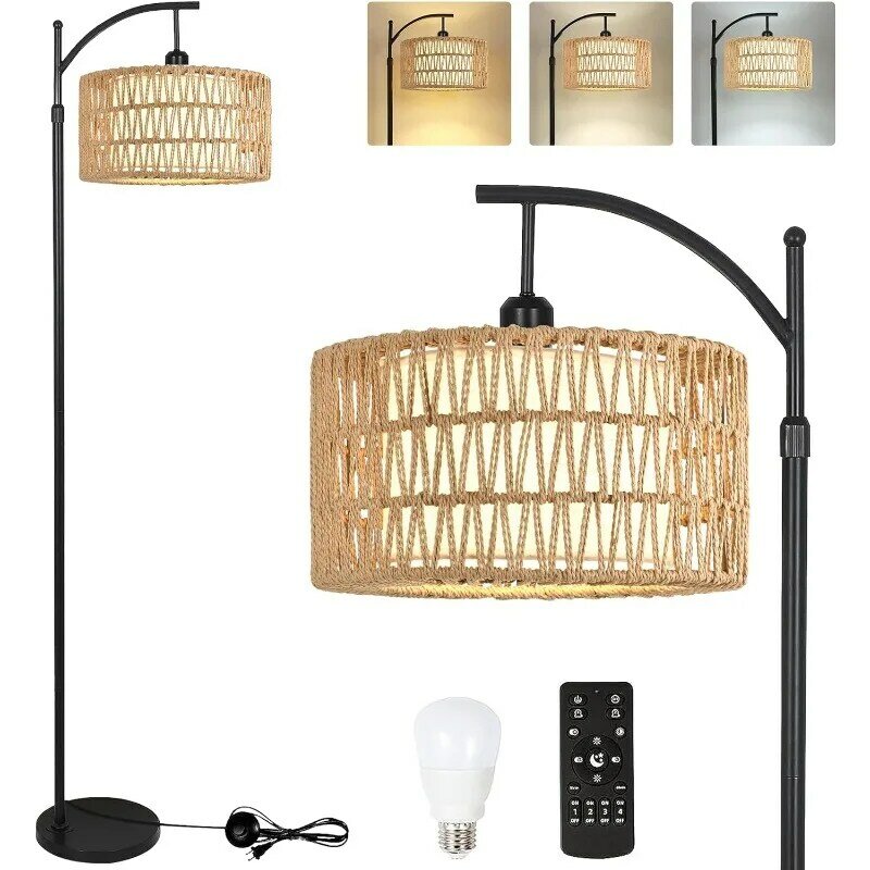 Floor Lamp for Living Room Bedroom Rattan Boho Arc Standing Lamp with Remote Dimmable Black Wicker Bamboo Lamp Shade Floor