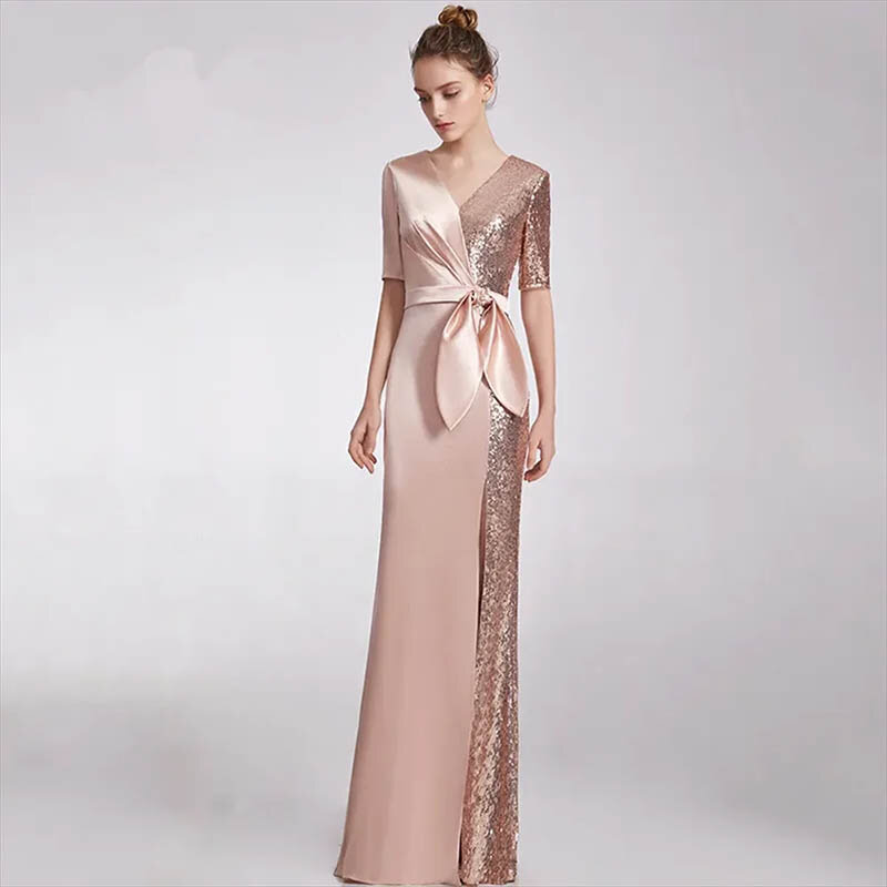 Elegante vestido de sirena con manchas de encaje para madre de la novia, vestido de fiesta de boda Formal de manga larga con cuello en v brillante, oro rosa