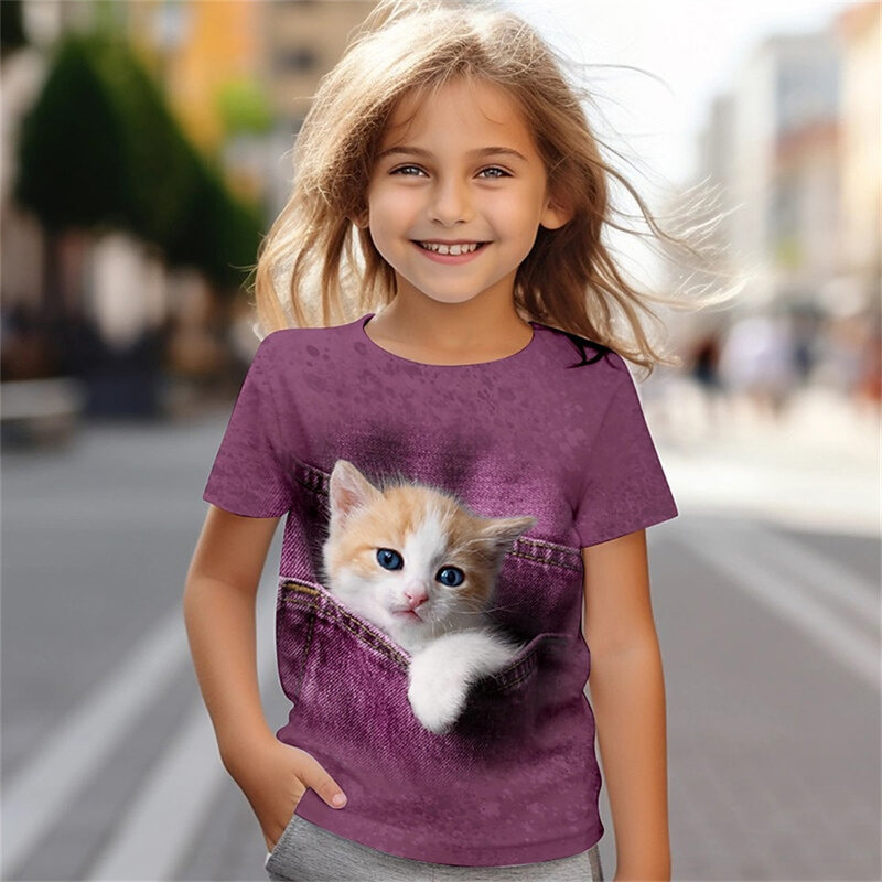 Camiseta de manga curta 3D Cat Print para meninas, roupas infantis, roupas infantis, fantasias da moda, de 2 a 12 anos