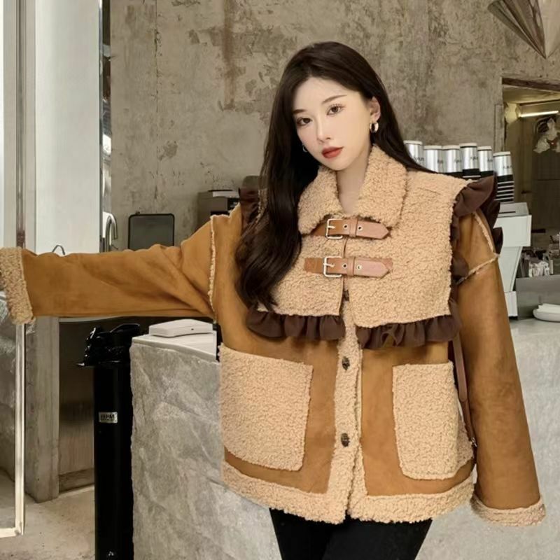 Korea Winter Streetwear Leather Fur Integrated Jackets Women Pockets Patchwork Contrast Color Coats Lambswool Warm Thicken Coat