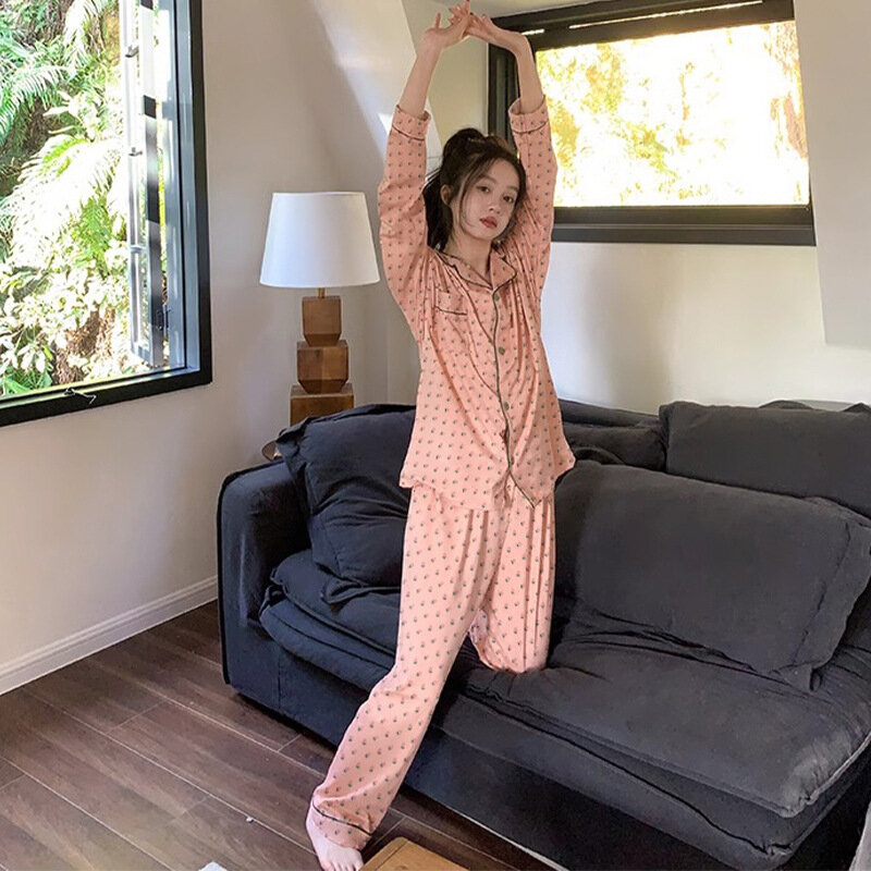 Conjunto de pijamas de manga comprida feminino, primavera, verão, outono, calças de pijama estampadas, pijamas, botões Homewear, 2 peças