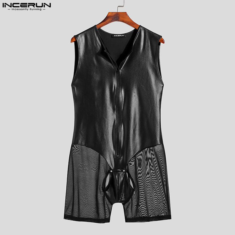 INCERUN mężczyźni body siatkowy Patchwork Sexy przepuszczalność Zipper Homewear śpioszki bez rękawów piżamy 2023 mężczyźni body S-5XL 7