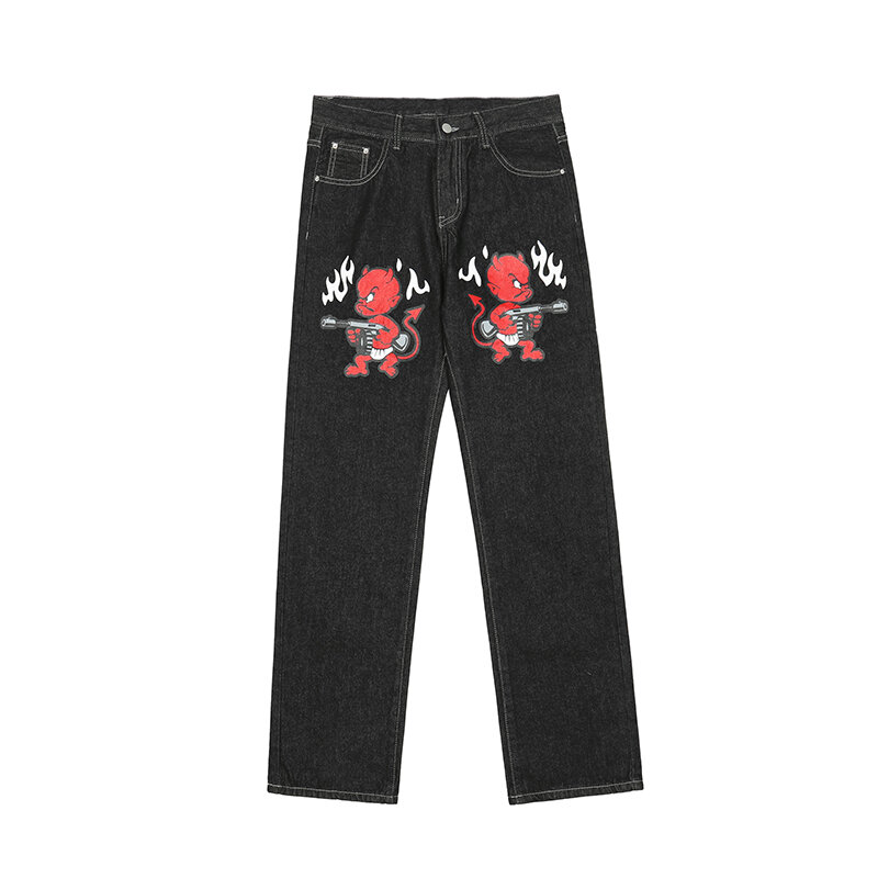 Уличная одежда Y2K, мужские и женские брюки в стиле эмо, в стиле Харадзюку, с мультяшным принтом, прямые джинсовые брюки с потертостями, рваные джинсы, мешковатые джинсовые брюки
