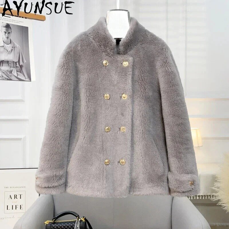 100% AYUNSUE Wool Coats for Women 2024 Fall Winter Fashion Sheep Shearing Jacket Stand Collar Fur Chaquetas Para Mujeres