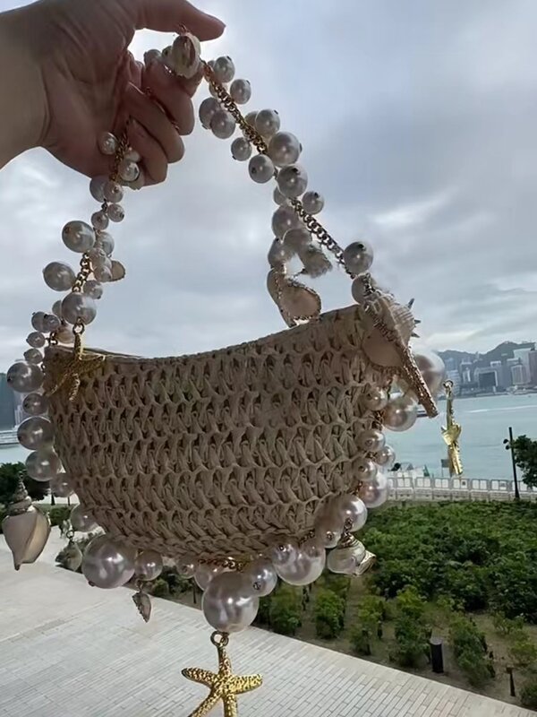 DROZENO Beach vacation tourism Conch five pointed star handmade woven grass half round bag Fairy Tote bag Underarm handbag