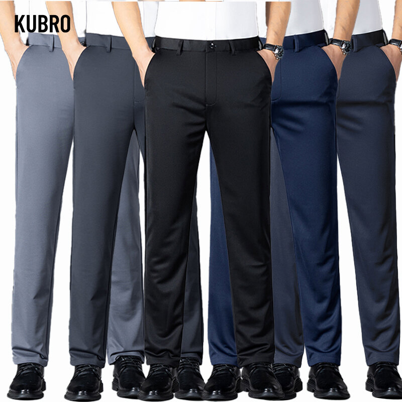 KUBRO spodnie męskie rozciągliwe lodowy jedwab eleganckie męskie spodnie biurowe szybkoschnący garnitur spodnie nowa wiosna jesień koreańska prosta 2024