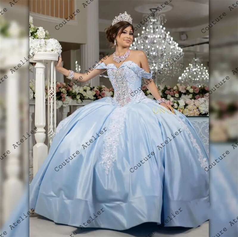 하늘색 새틴 레이스 아플리케 오프 숄더 성인식 드레스, 볼 가운, 2024 연인 웨딩 가운, 16 드레스