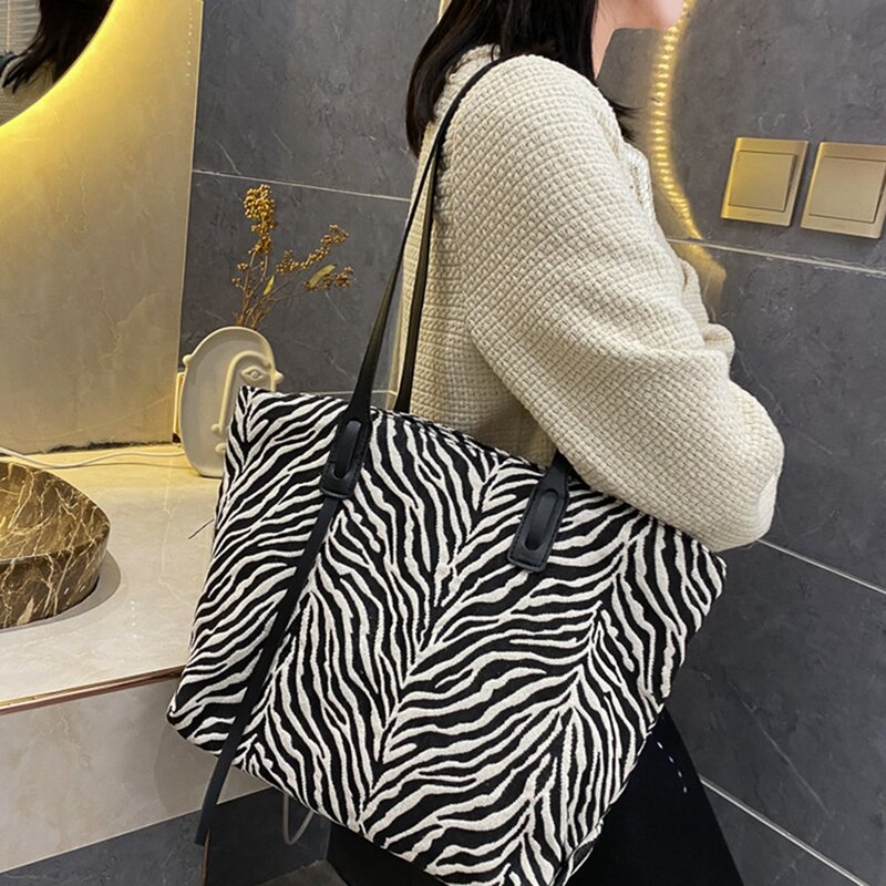 Bolsa de lona com estampa zebra feminina, bolsa de ombro retrô, sacola casual de grande capacidade, bolsa de compras de viagem