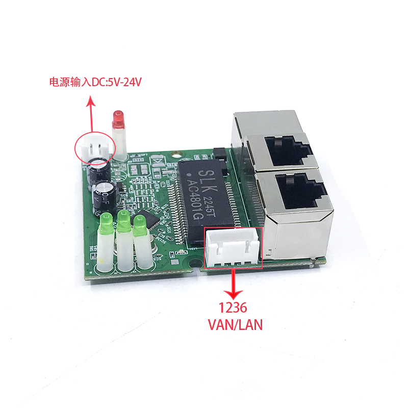 Mini PCBA  4Ports Networkmini ethernet switch module 10/100Mbps  5V 12V 15V 18V  with Lightning protection 4KV, anti-static 4KV