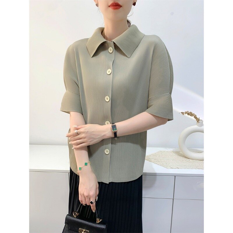 Miyake Pleated Lapel Button Up Short Sleeved Top for Women's Fashion,commuting Solid Color Shirt Spring 2024 Women's Clothing