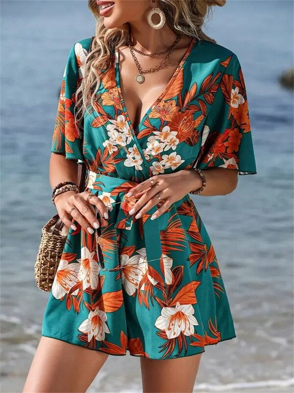 Macacão feminino sexy com gola V, vestido casual boho com estampa floral, vestido feminino plissado, festa na praia, estilo resort, verão