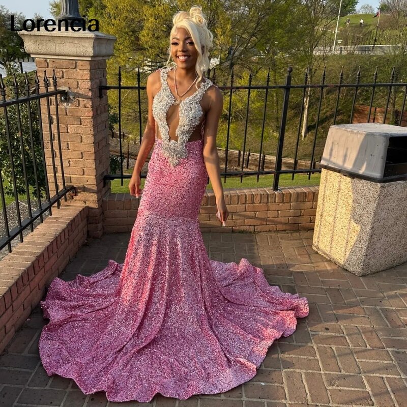 Lorencia Pink Sequined Mermaid Prom Dress For Black Girl 2024 Silver Crystal Beaded Evening Dress Special Occasion Gowns YPD138