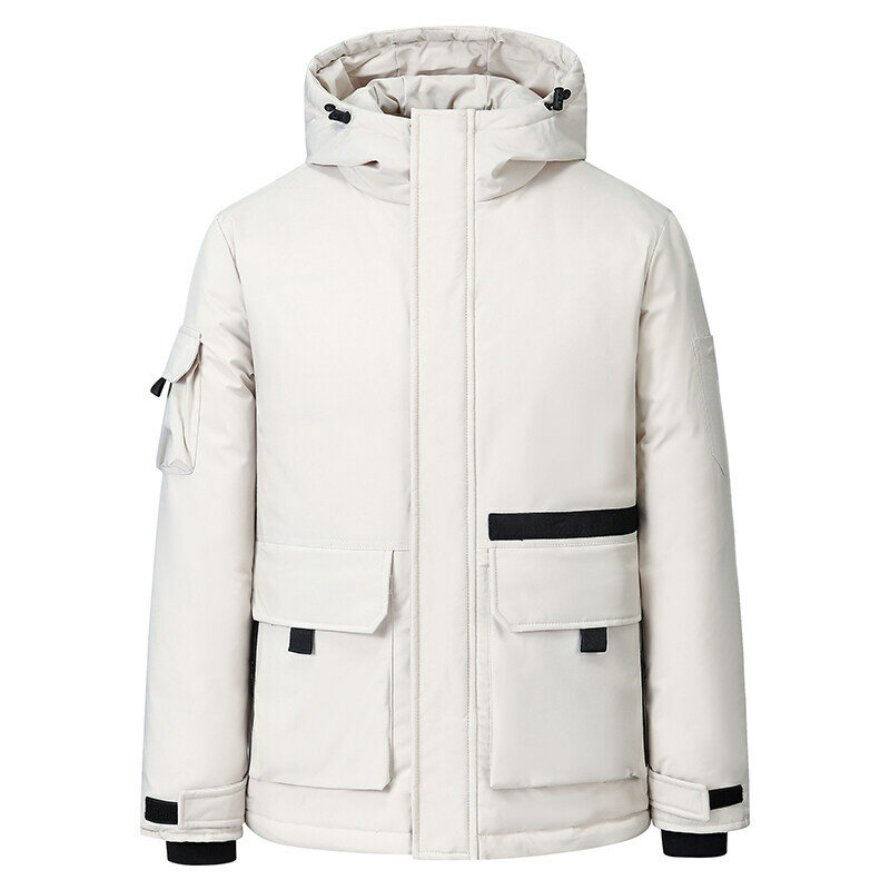 Jaket panjang pria tebal musim dingin, mantel bertudung hangat untuk pasangan, pakaian kerja luar ruangan, mantel kasual warna hitam motif Logo 2023