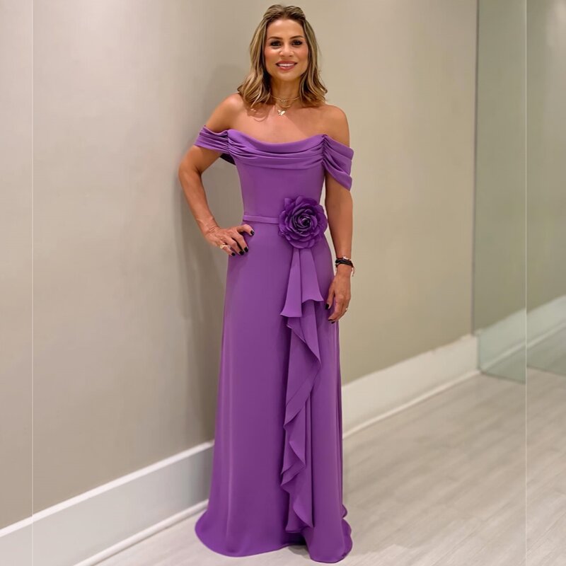 Jersey Pleat Flower Valentine's Day Straight Boat Neck Bespoke Occasion Gown Long Dresses