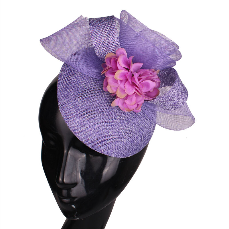 Wedding Headwear Flower Handmade Lavender Imitation Sinamay Fedora Cap For Fascinator Hat With Ivory Fashion Headpiece Event Hat