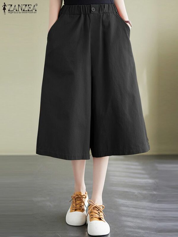 Женские однотонные брюки ZANZEA с карманами, корейские широкие брюки, лето 2024, Капри с эластичным поясом, винтажные мешковатые короткие брюки с высокой талией