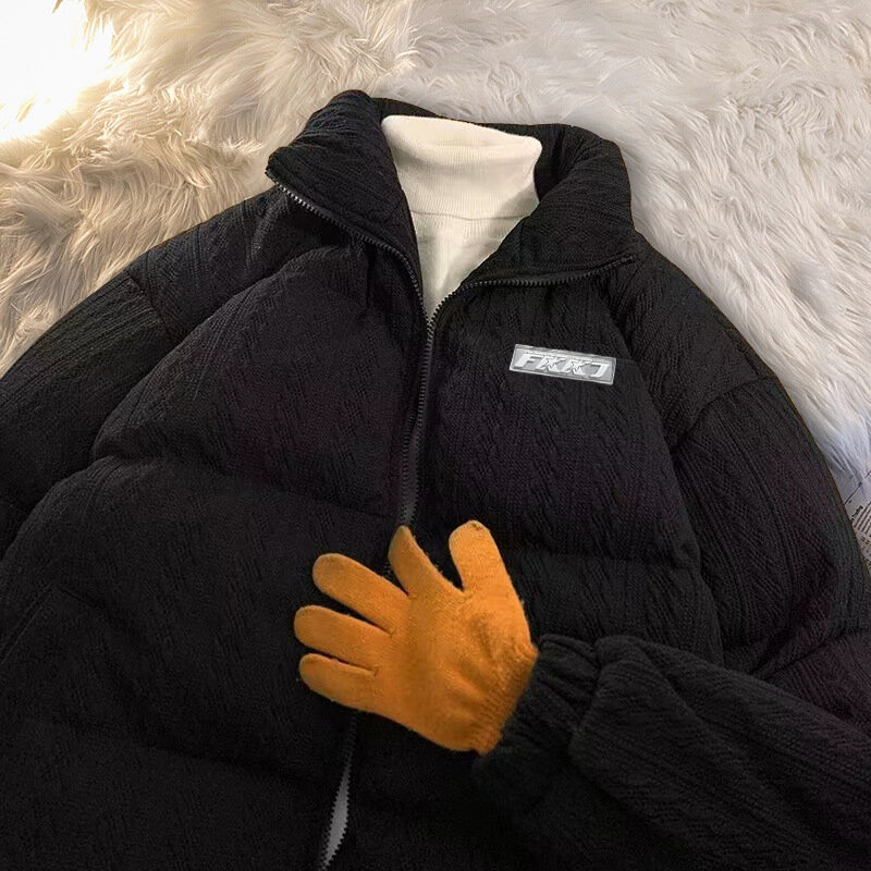Parka quente engrossada de lã masculina, casaco esportivo solto, gola alta, monocromática, top de rua casual, elegante, inverno