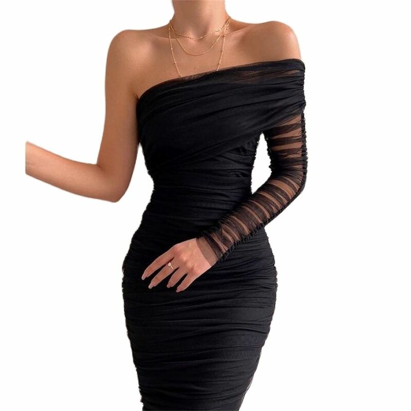 2024 Black Women One Shoulder Mesh Long Dress Sexy Diagonal Collar Wrap Slim Bodycon Prom Dresses Lady Formal Evening Party Gown