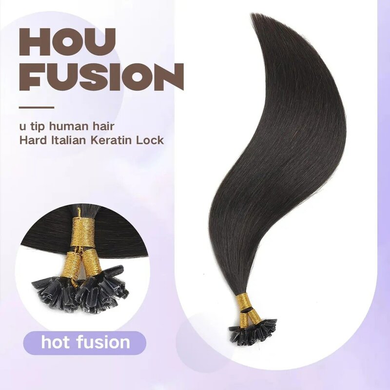 Extensiones de cabello liso con punta en U, cabello humano negro Natural, Remy, paquete de 100 hebras, n. ° 1B