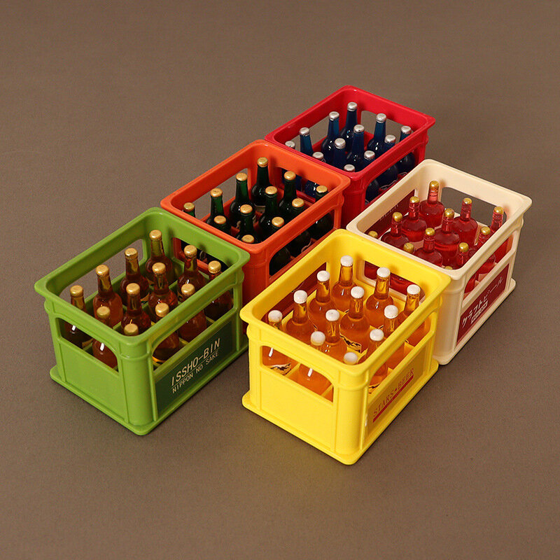 1Set 1:12 Poppenhuis Miniatuur Bier Frisdrank Drinkflessen W/Opbergmand Model Keukendecor Speelgoed Poppenhuis Accessoires