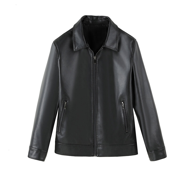 Jaqueta de couro preta masculina, gola virada para baixo solta, design de motocicleta, exclusivo, designer Outerwear, estilo coreano