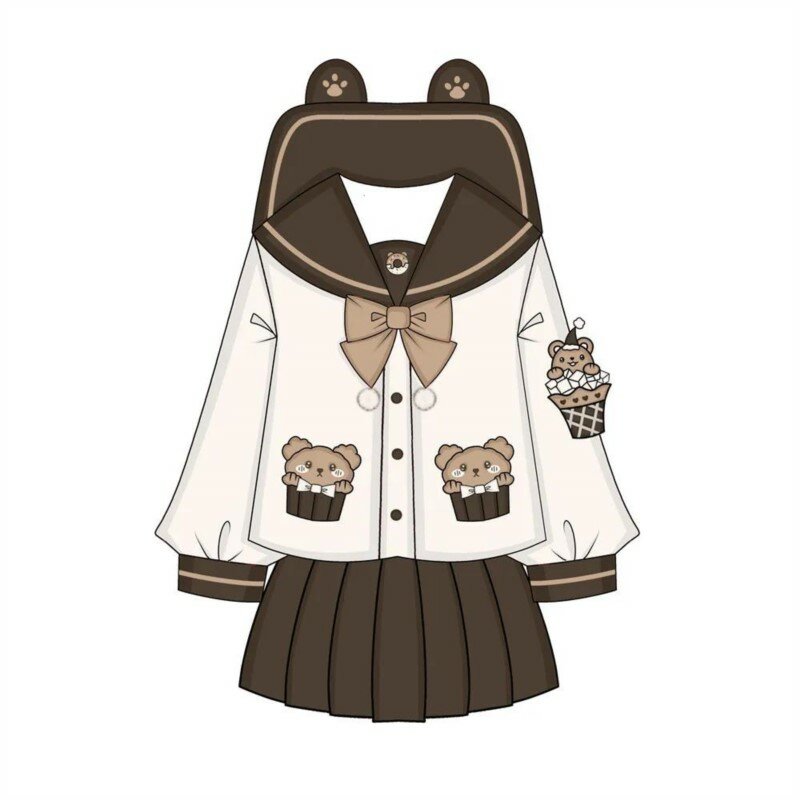 Simpatico orso JK uniforme coreano giapponese lungo manica corta vestito da marinaio ragazza bianco marrone gonna a pieghe vestito anime costumi cosplay