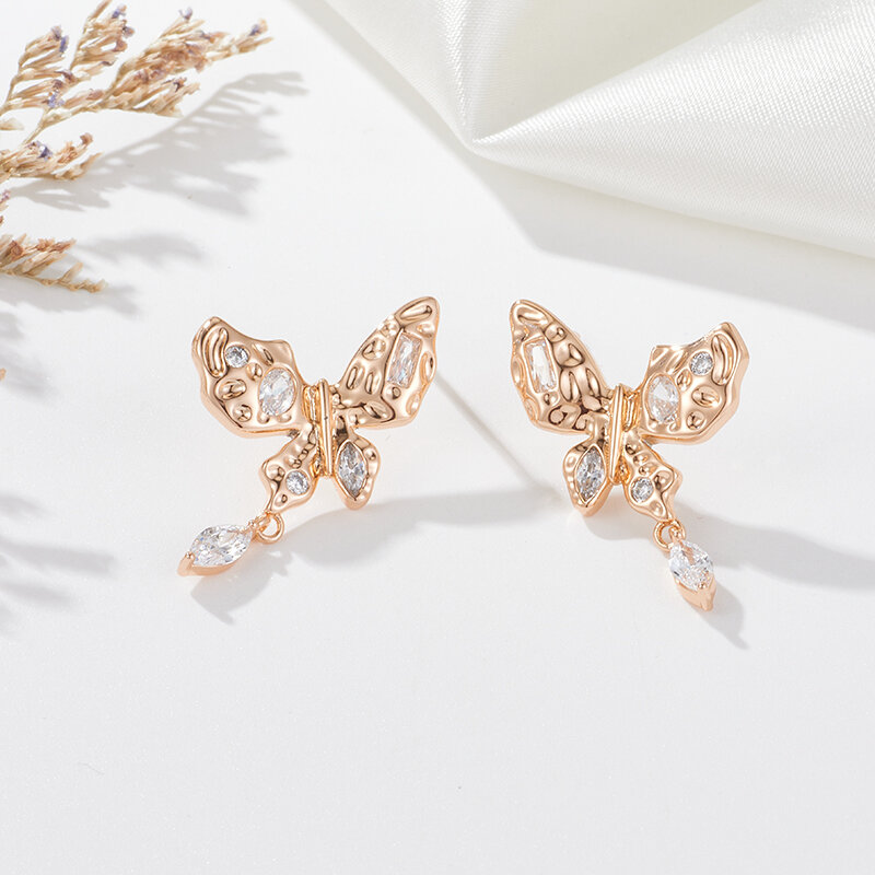 SYOUJYO 585 Gold Color Butterfly Dangle Earrings For Women Shiny Natural Zircon Fine Jewelry