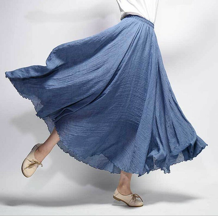 Maxifalda plisada de lino y algodón para mujer, Falda larga de estilo bohemio, informal, para playa