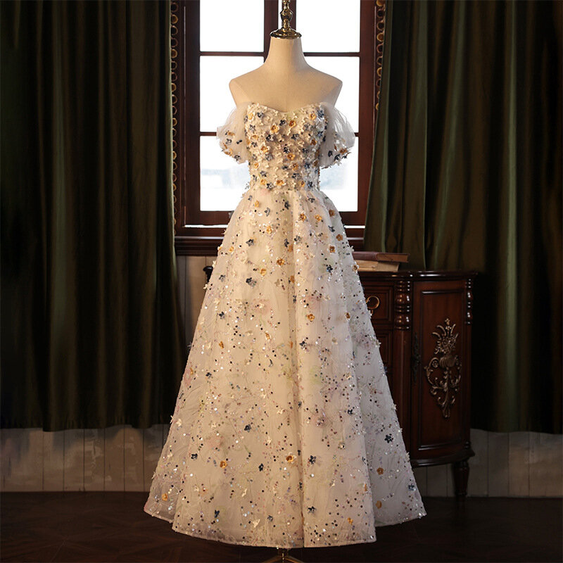 A Line Evening Dresses 3D Flowers Shiny Prom Birthday Party Gowns Formal Occasion Vestido De Noche robes de soirée