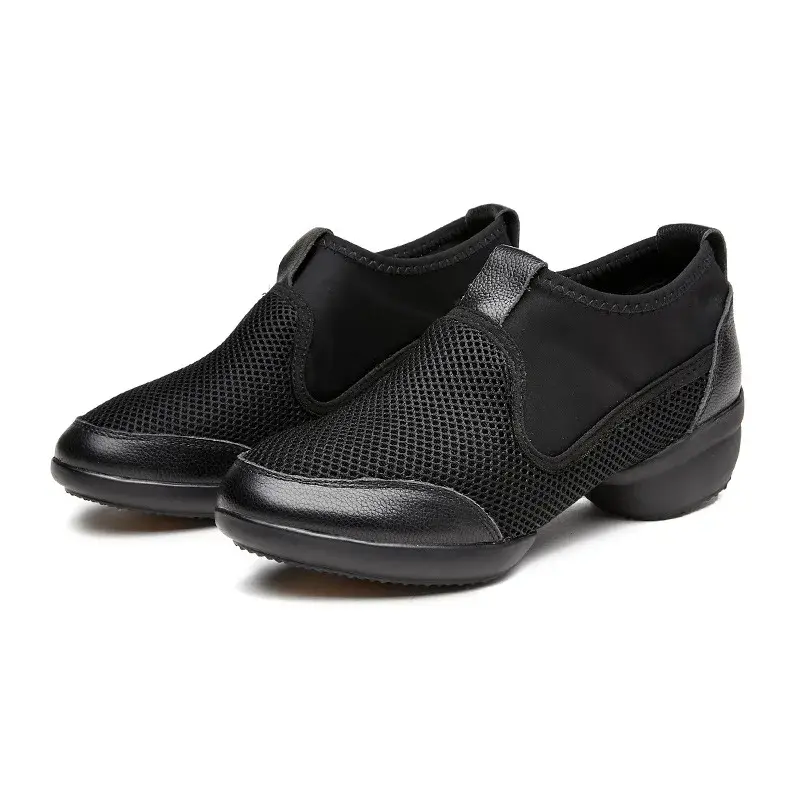 Новинка, Женская сетчатая обувь для тренировок на мягкой подошве, классические уличные кожаные черные джазовые туфли для танцев