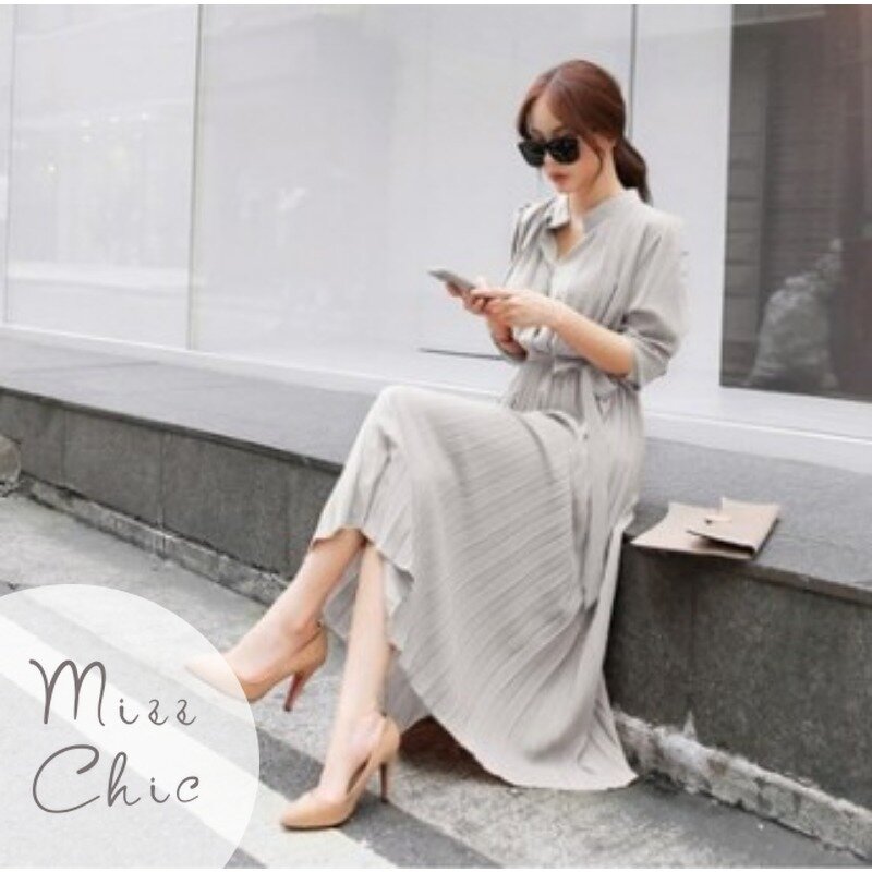 Dress Maxi lipit A-line wanita, gaun kemeja lengan panjang sifon elegan, pakaian jalanan sabuk renda gaya Korea musim gugur 2023