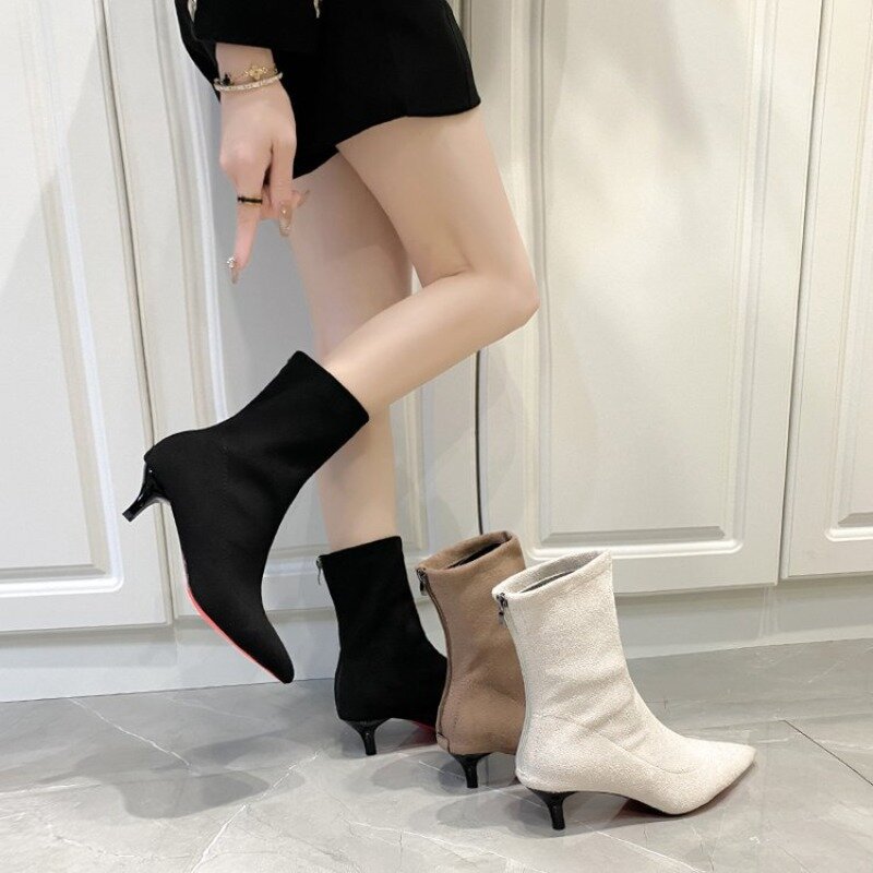 Comemore Pointed Toe Knitting Elastic Ankle Boot for Women 2024 High-heeled Felt boot Woman Black Shoes 2024 Socks Boots Elegant