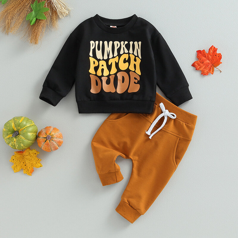 VISgogo Baby Boys Halloween Clothes Letter Print Long Sleeve Sweatshirt and Elastic Pants for Toddler Fall Winter 2 Piece Outfit