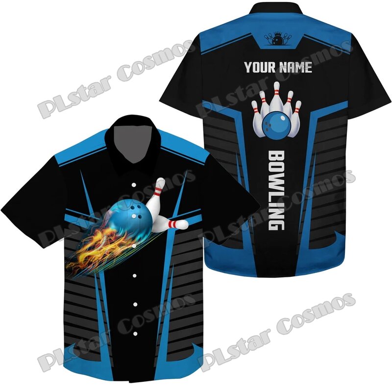 Camisa havaiana de botão manga curta masculina, personalizada impressa em 3D, Bolas e Pins Flame Bowling, Camisa Casual Verão, Unisex, SH18
