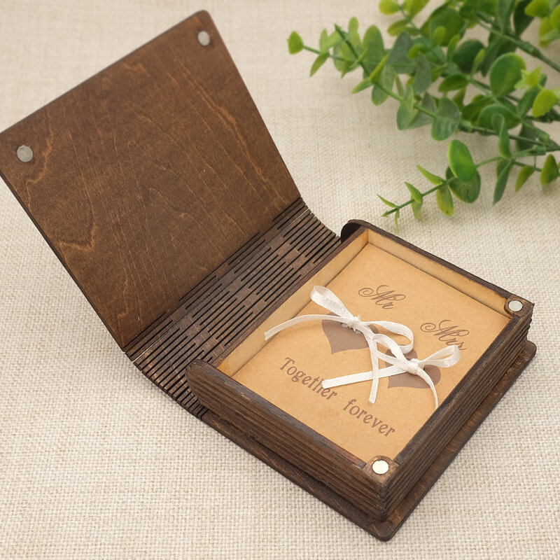 Caja de anillos de boda personalizada, soporte de anillo de compromiso, almohada de portador, caja de libro de Madera rústica, decoración de boda