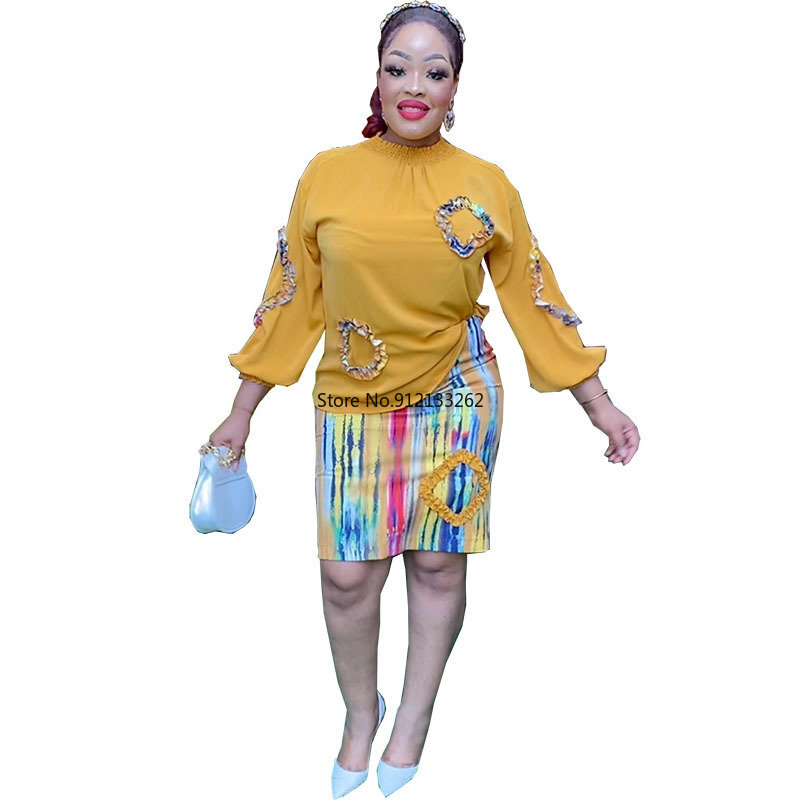 Spring Summer Dashiki African Matching Skirt Sets Fashion Temperament New Print Long Sleeve Shirt High Waist Slim Skirt Suit
