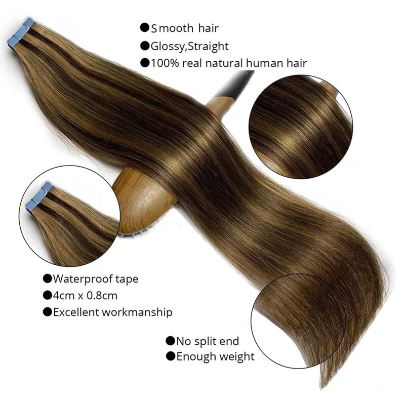 Tape-In extensões de cabelo com destaque osso reto, adesivo marrom, Remy cabelo humano, P4 e 27, 12-30 em, 40 PCs/pacote