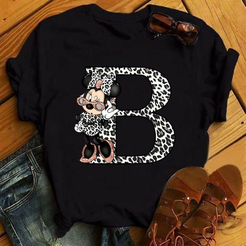 Disney Leopard Minnie Mouse A-Z 26 English Letters Women T-shirt Short Sleeve Balck Tops Tee Clothing for Woman