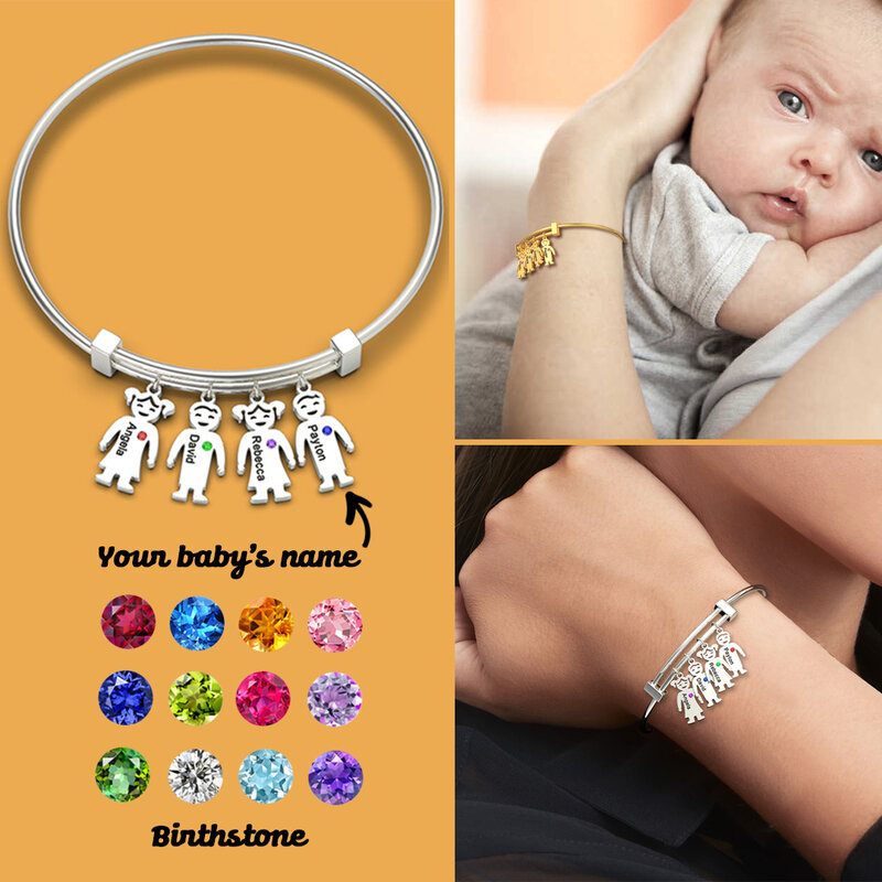 Bracelet personnalisé avec noms de famille, breloques pour enfants mignons, bracelet en acier inoxydable, fête des mères