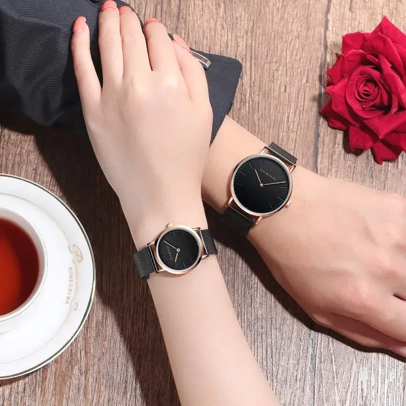 남녀공용 쿼츠 손목시계, 블랙 캐주얼 메쉬 스트랩, 초박형 시계, 패션 애호가 손목시계