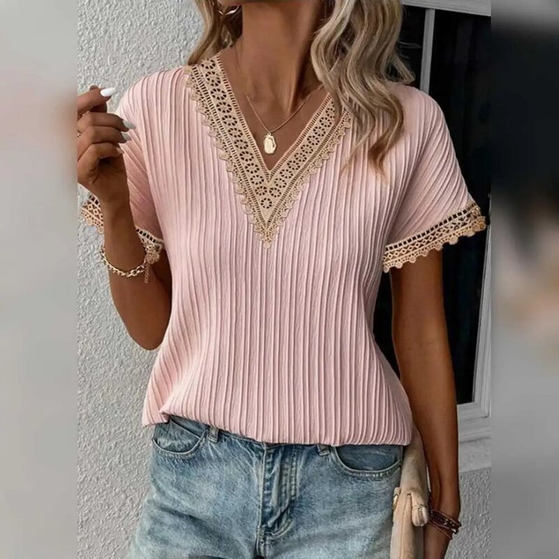Summer Women Vintage Casual Loose T-shirt Hollow Out Lace Neckline Pleated Loose Fit Tee Shirt Pullover Tops Streetwear