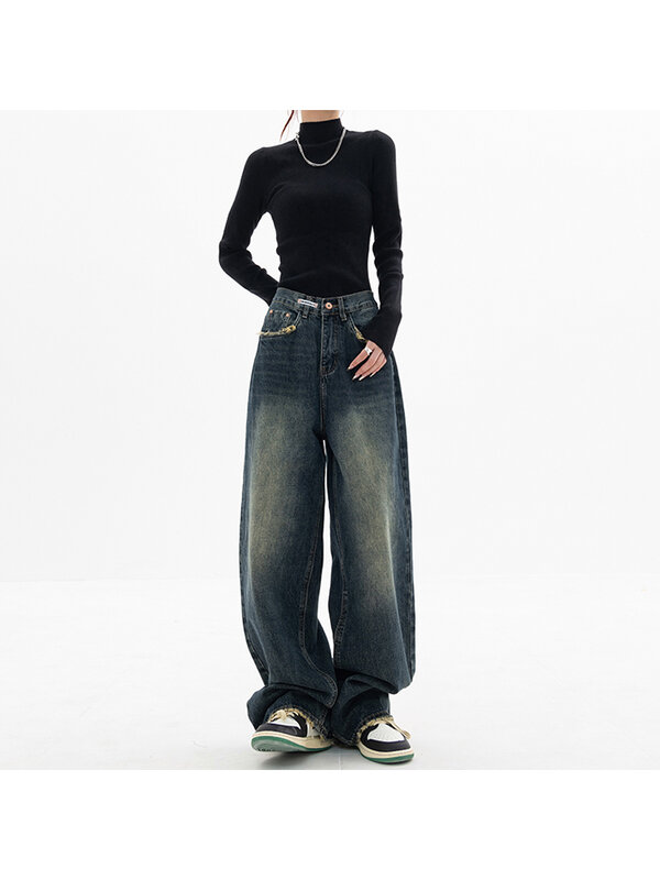 Mode Korea Celana Jeans Biru Gaya Jalanan Lurus Pinggang Tinggi Wanita Y2K Antik Kaki Lebar Wanita Celana Longgar Denim