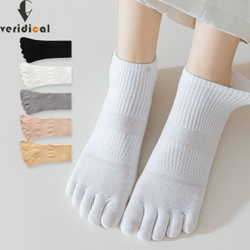 Meias de tornozelo Four Seasons para mulheres, 5 dedos, malha sólida, respirável, desodorante macio, elástico, Harajuku, algodão, menina, 5 pares