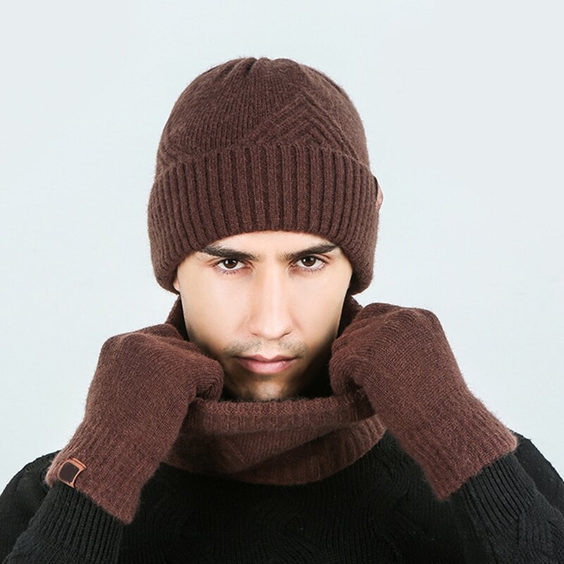 3 pçs unissex inverno gorro chapéu cachecol para tela toque luvas conjunto para triângulo listrado malha pelúcia forrado boné