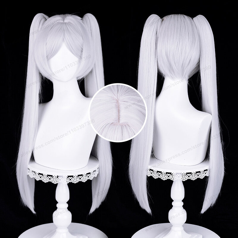 Parrucca Cosplay Frieren Anime 68cm lunga argento bianco doppia coda di cavallo capelli resistenti al calore parrucche per feste di Halloween