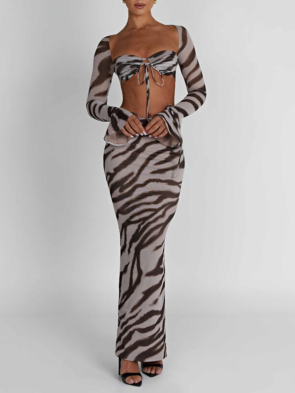 Conjunto de saia bodycon com estampa zebra manga comprida feminina, conjuntos de saia maxi oca, tops de laço, roupas de 2 peças