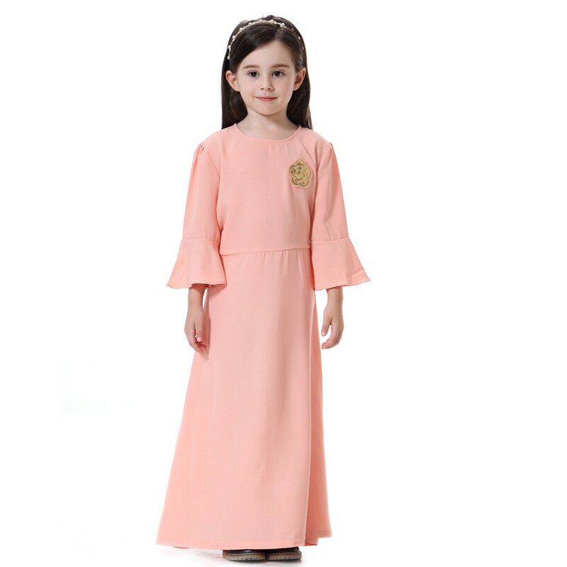 Girls Casual Dresses O Neck Dubai Arab Kaftan Islam Ruffles Sleeve Spliced Children Ramadan Morocco Appliques Dress Loose