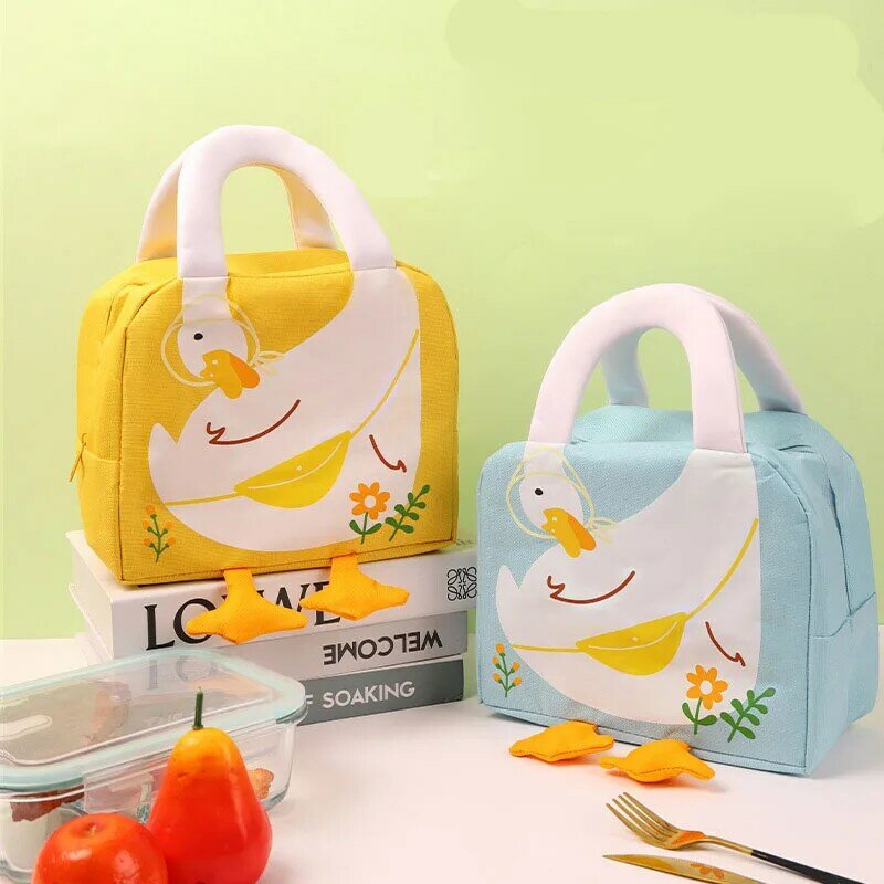 Bolsa de almuerzo con estampado de dibujos animados para niños, fiambrera gruesa con aislamiento manual, bonita