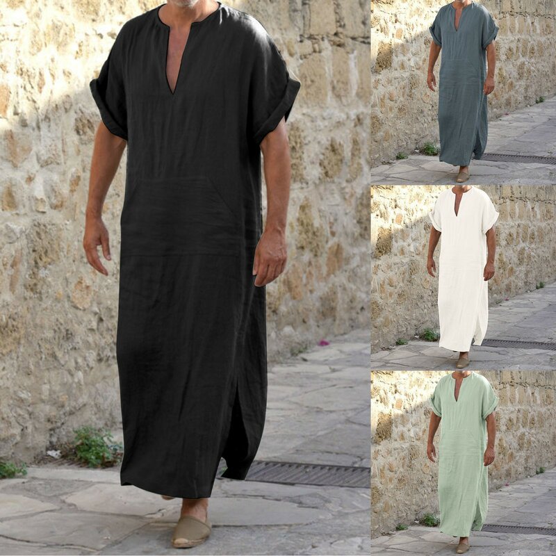 Vestes casuais de linho respirável soltas masculinas, monocromáticas, decote em v, manga curta, veste abaya muçulmana, veste tradicional árabe islâmica